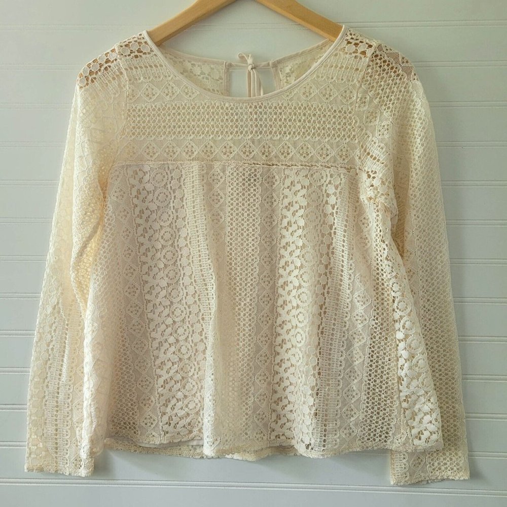 Hollister Womens Top Extra Small Cream Lace Boho Tassel Tie Back Partially Lined